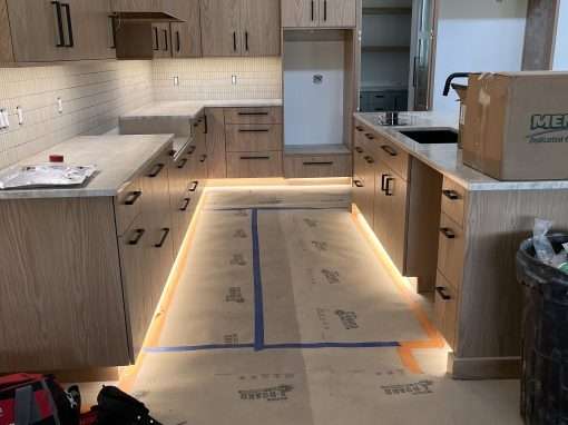 Residential Electrical Services in Graythorne. Lowell, Indiana LED lighting installed underneath cabinets in a new kitchen